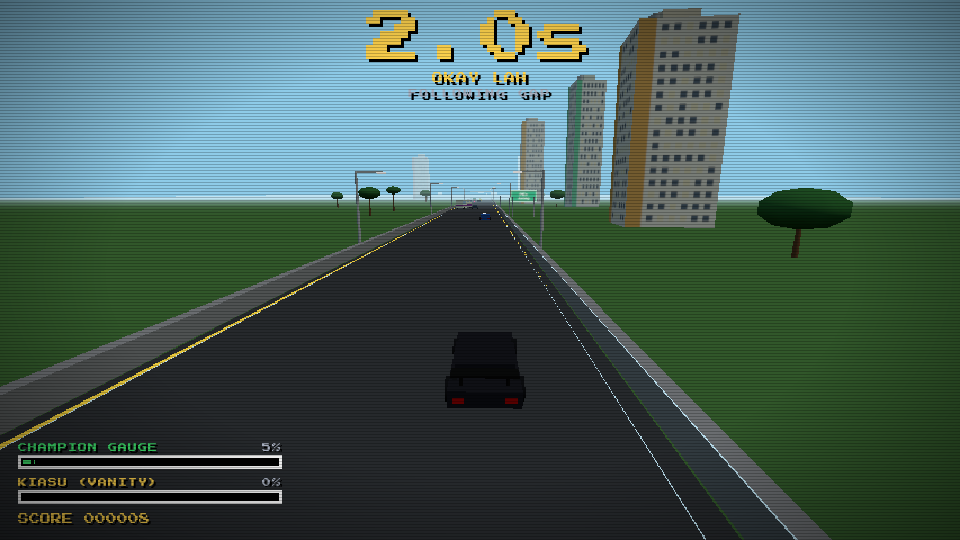 The Tailgate Champion HUD: a large following-gap readout in seconds at the top with its zone label, and champion gauge and kiasu vanity meters at the bottom left