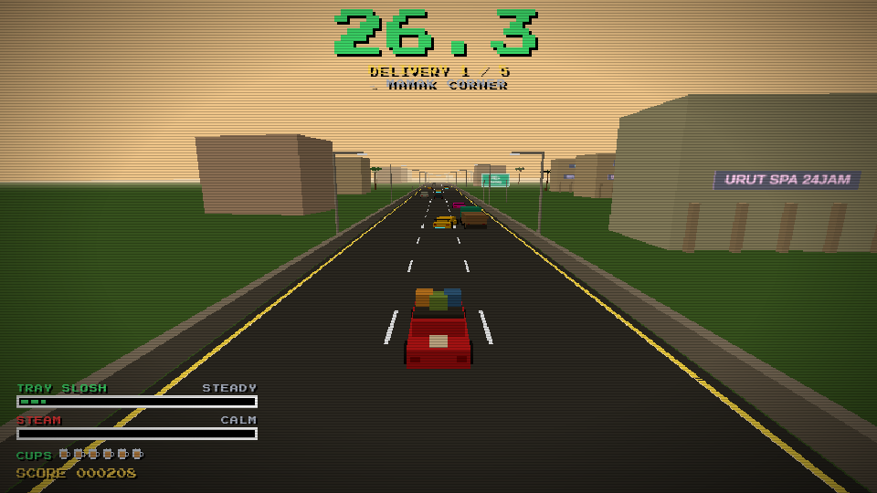 The Teh Tarik Run HUD: a delivery countdown and destination at the top, with tray slosh, steam and remaining cups at the bottom left