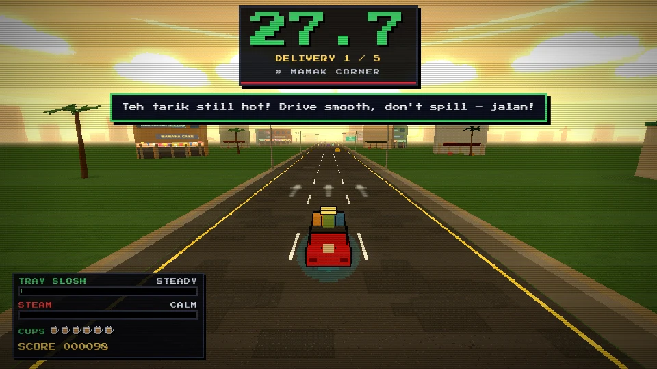 The Teh Tarik Run HUD: a delivery countdown and destination at the top, with tray slosh, steam and remaining cups at the bottom left