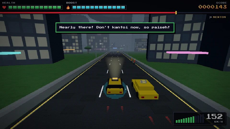 Gameplay screenshot of Orchard Road under a dark storm sky, tall towers on both sides and traffic ahead