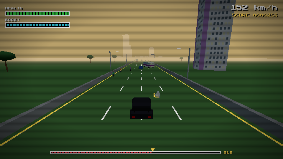 Gameplay screenshot of an expressway under a thick yellow-brown sky, with tower blocks and the traffic ahead fading into haze a short distance away