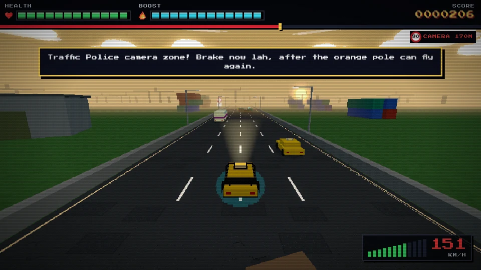 Gameplay screenshot of an expressway under a thick yellow-brown sky, stacked shipping containers by the road and the traffic ahead fading into haze a short distance away
