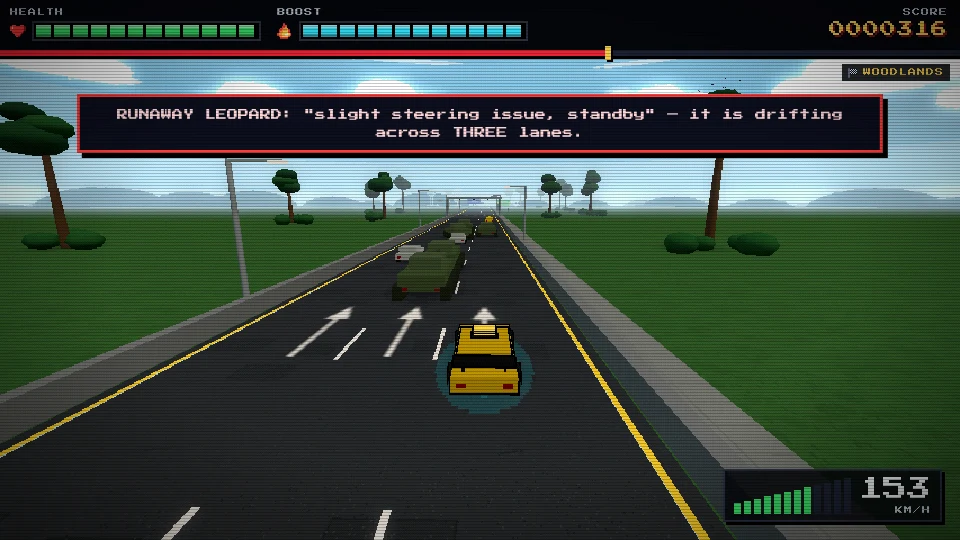 Gameplay: a Leopard tank rolling down the SLE among the traffic
