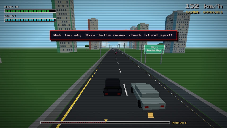 Gameplay in the game's deliberately low-resolution retro style: a two-lane heartland road in daylight, pastel HDB tower blocks along both sides, the player's car centre-lane, and a pixel HUD showing health, boost, speed and score