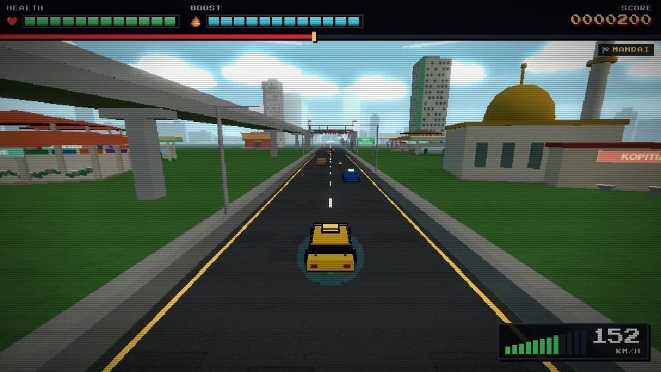 Gameplay screenshot of a two-lane heartland road in daylight beside an elevated MRT viaduct, with blocks and a domed building along the roadside